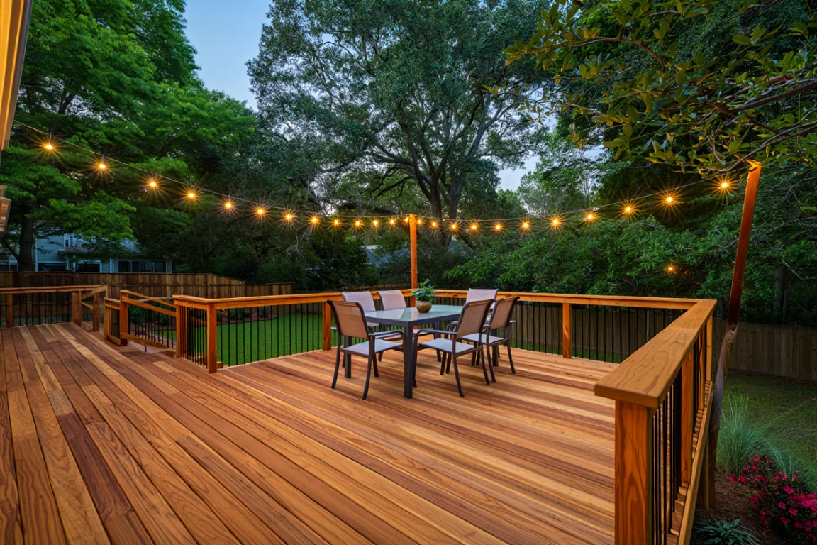 Beautiful outdoor deck with string lights and dining area